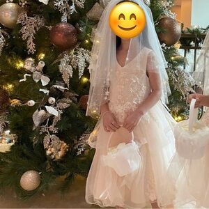 Flower girl dress with vail, headband and basket